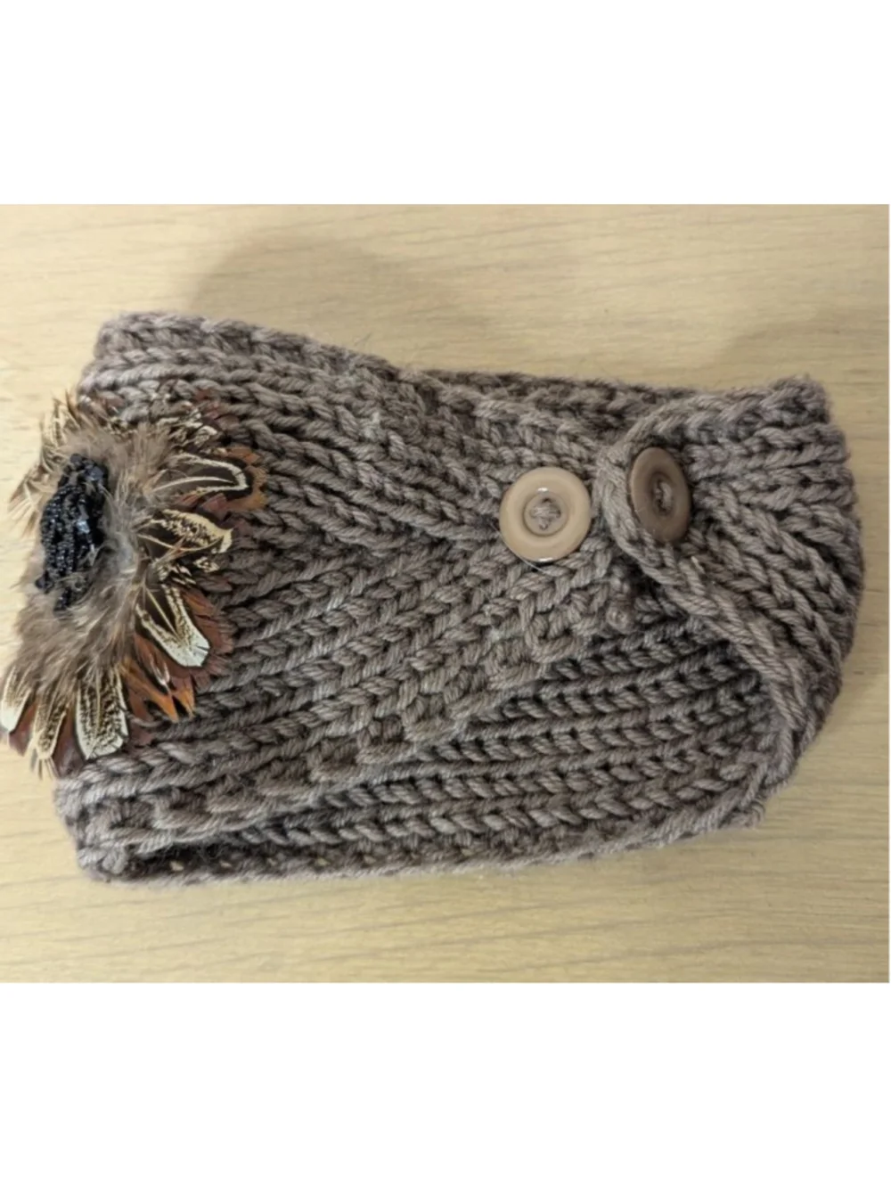 Women's Unbranded Brown Knit Headband with Feather & Bead Detail, One Size